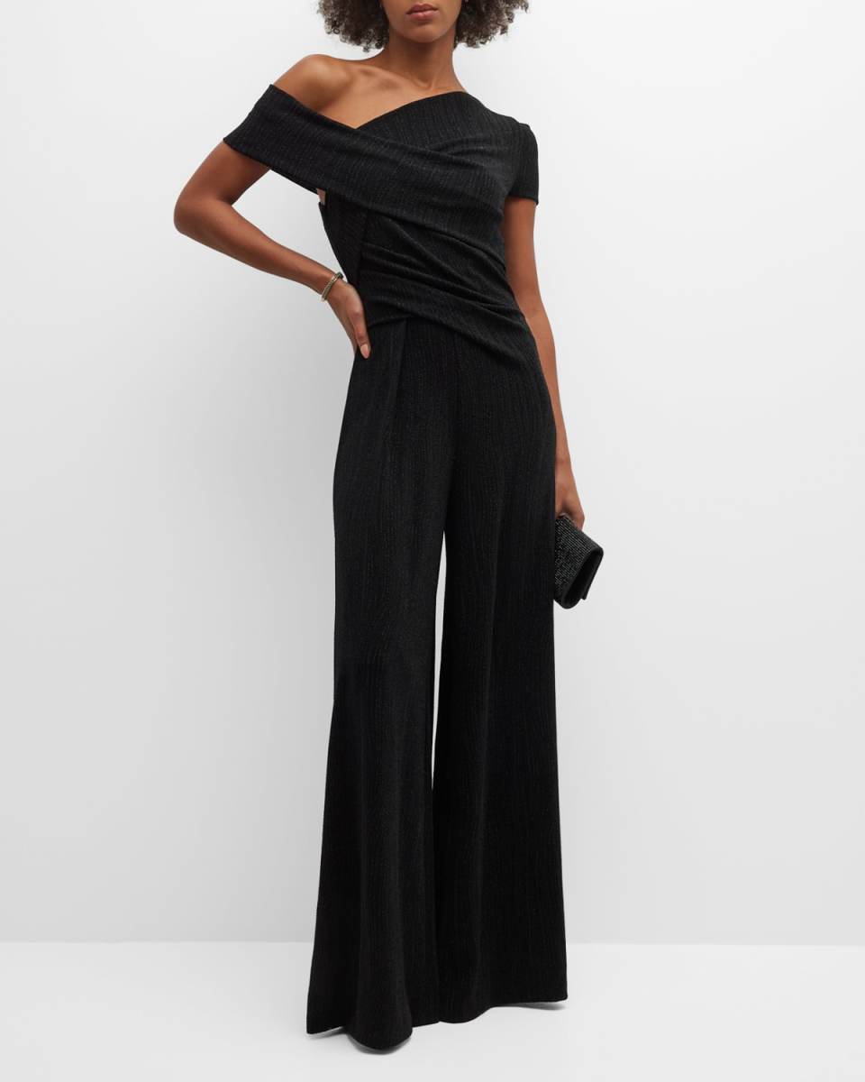 Crossover One-Shoulder Metallic Jersey Wide-Leg Jumpsuit